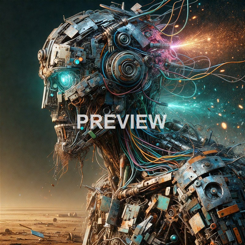 A highly detailed and futuristic humanoid robot with a metallic, mechanical body, wires, and glowing elements, appearing to be in a space-like environment with sparks and light effects.